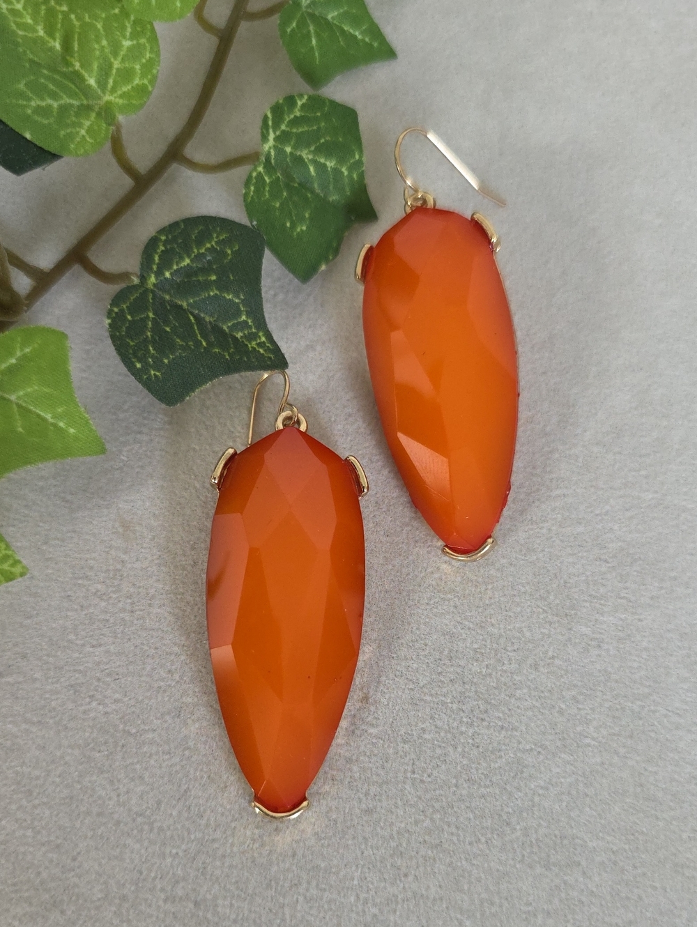 Gold Tone Orange Faceted Drop Earrings Elongated Shield Statement Dangle